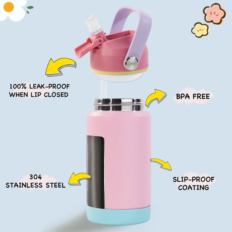 Kerilyn 12oz Kids Water Bottle 2 Pack, Stainless Steel Insulated Water Bottle Bulk, Toddler Cups with Straws Leak-Proof, Kids Water Bottles for School Boys Girls, BPA Free, Rose Red+Charm Pink - Image 2
